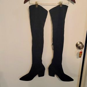 Black over the knee, pointed toe, block heel boot